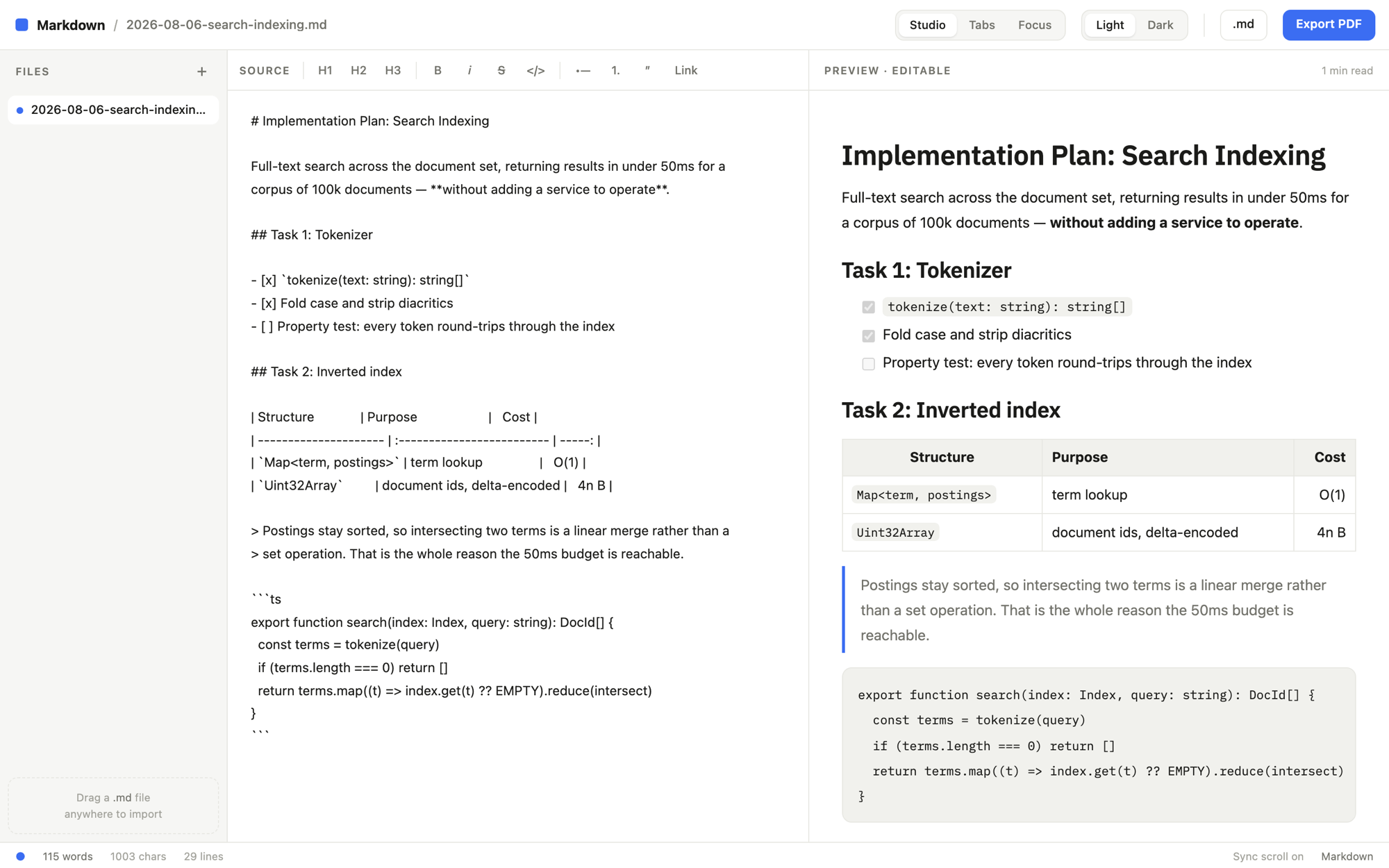 better-md showing a plan: Markdown source on the left, rendered preview on the right